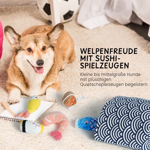 Nocciola Sushi-Hundespielzeug für kleine bis mittelgroße Hunde, niedliches Plüschspielzeug mit Tasche, quietschendes Spielzeug für kleine bis mittelgroße Hunde, 10 Stück