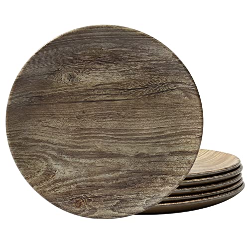 TP 8.5" Melamine Dinner Plates, 6-piece Plate Set Unbreakable Serving Dishes for Indoor and Outdoor, Service for 6, Grayish-brown Wood Grain