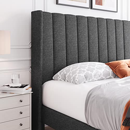 Yaheetech Upholstered Platform Bed With Wing Edge Channel Tufted Headboard, Mattress Foundation/Heavy Duty Wooden Slat Support, No Box Spring Needed, Easy Assembly, Dark Gray, Queen Size #TOP3