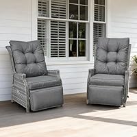 COMLAX FIELD Garden Recliner Chairs 2PC, Rattan Reclining Sunlounger with Thick Cushions, Adjustable Sun Lounger with Flip Table for Indoor Outdoor, Dark Grey