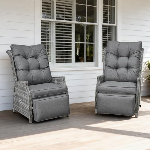COMLAX FIELD Garden Recliner Chairs 2PC, Rattan Reclining Sunlounger with Thick Cushions, Adjustable Sun Lounger with Flip Table for Indoor Outdoor, Dark Grey