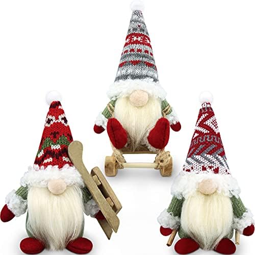 Gehydy Set of 3 Christmas Gonks Decorations Gift Gnome with Sled Santa Handmade Scandinavian Tomte Xmas Decor for Home Kitchen Farmhouse Tiered Tray