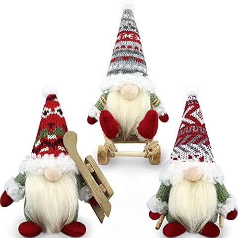 Gehydy Set of 3 Christmas Gonks Decorations Gift Gnome with Sled Santa Handmade Scandinavian Tomte Xmas Decor for Home Kitchen Farmhouse Tiered Tray Cover