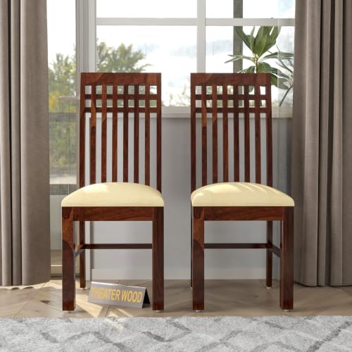 Image of Solid Sheesham Wood Dining Chair Set of 2 | Premium Wooden Dining Chairs with Cushioned Seat | Elegant Vertical Slatted Backrest | Heavy Duty Dining Table Chairs for Kitchen