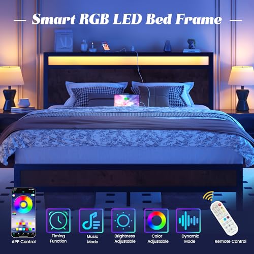 Image of Fluest Queen Bed Frame with Headboard & Footboard, Bed Frame with Built-in Charging Station & LED Light, Storage Shelf, Noise-Free, No Box Spring Needed, Easy Assembly, Coffee Brown