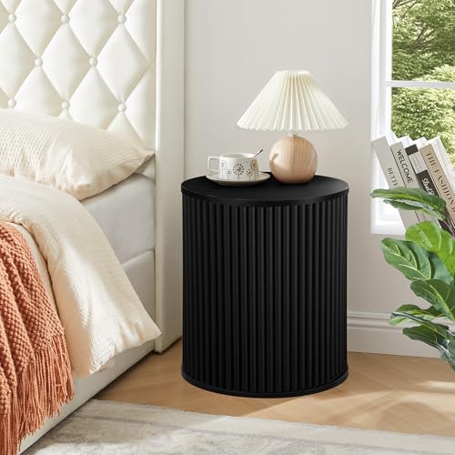 AVZEAR Small Round Side Table Fluted Night Stand Set of 2, Mid Century Modern End Table with Storage, Circle Bedside Tables Wood Nightstands for Small Spaces, Living Room, Bedroom (Black) - Thumbnail 7