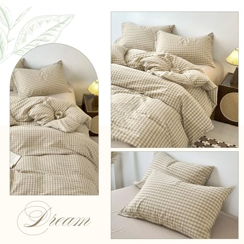 Image of VM VOUGEMARKET Khaki Gingham Duvet Cover Queen 3 Pieces Neutral Beige & Mocha Plaid Duvet Cover 100% Washed Cotton Comforter Cover with 2 Pillowcases Farmhouse Checkered Bedding Set