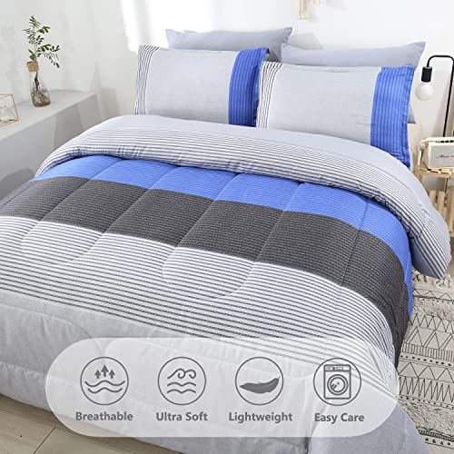 Perfemet Blue Striped Comforter Set Queen Size, 3Pcs Blue And Grey Patchwork Comforter Bedding Set, Soft Lightweight Down Alternative Bed Quilt Set For Teens Boys Girls Men Women (Blue, Queen) #TOP1