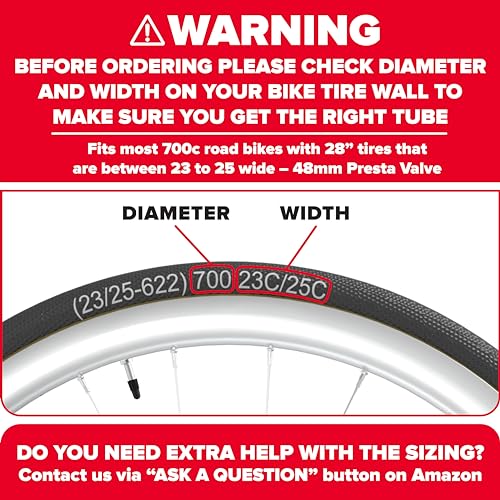 Ultraverse Bike Inner Tube for 700x23-25c, 28 inch bicycle wheel sizes with 48mm Presta Valve - Butyl Rubber tubes for Road and Gravel bikes - 2 tubes with 2 tire levers included