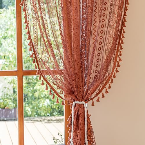 Image of MYSKY HOME Terracotta Boho Lace Sheer Curtains 96 inch Length 2 Panels Burnt Orange Floral Vintage Bohemian Crochet Geometry Curtains with Tassels for Living /Dining Room Rod Pocket Home Decor, 55 inch W