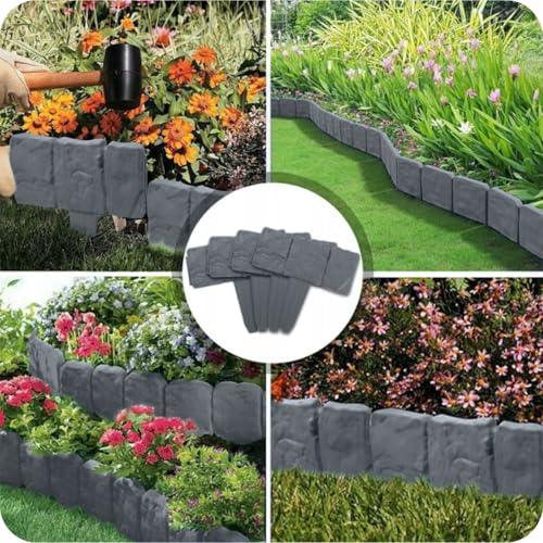 KRUMAD Rasenkante Kunststoff Steinoptik, 10 Stück Set 2,5 Meter, Höhe 23 cm, Beeteinfassung Stein, Beetumrandung Garten, Mähkante für Blumenbeet, Stecksystem, Wetterfest & UV-beständig, Anthrazit