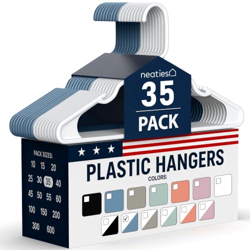Neaties Plastic Hangers 35 Pack - Made in The USA - 6lb Capacity Standard Clothes Hangers with Notches and Reinforced Edges for Dresses, Lingerie, Shirts, Pants, and Jackets - White & Blue