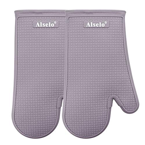 Alselo Oven Mitts Heat Resistant Silicone Kitchen Gloves For 550 Degrees With Waterproof And Non-Silp, Set Of 2 Oven Gloves For Baking Cooking Barbecue Microwave Machine Washable (Purple, 2) #TOP7