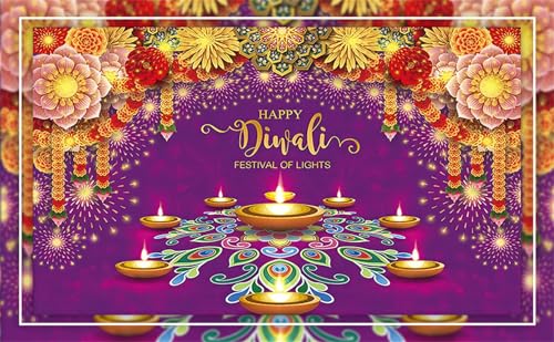 Image of 7x5ft Diwali Backdrop Fabric Purple Happy Diwali Festival of Lights Photography Background Extra Large Banner Room Decor
