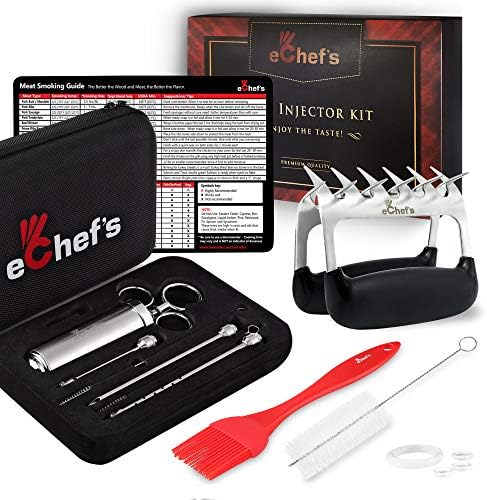 Premium Meat Injector Kit - Syringe | 3 Marinade Injector Needles | 2 Meat Claws | Cleaning Brushes - Quality 304 Food Grade Stainless Steel - Carry Case - Magnetic Meat Smoking Guide