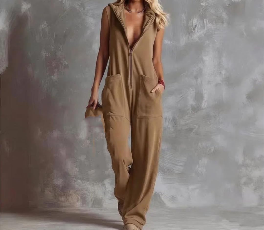 Yeuyyben Overol de verano con capucha y cuello en V y cremallera para mujer, sin mangas, pierna ancha, casual, color liso, bolsillo