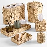 Best Choice Products 6PC Bathroom Accessories Set, Vanity Trays, qtip Canister, Square Tissue Box Cover, Small Wicker Trash Can, Toilet Paper Basket, Storage Organizer, Water Hyacinth - Natural