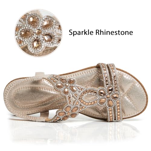 Image of iCKER Womens Rhinestone Strappy Flat Sandals Elastic Ankle Strap Open‑Toe