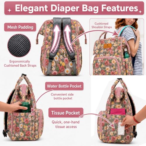 Image of Motherly Patented Diaper Bag Backpack for Moms | Waterproof Baby Travel & Maternity Bag | Spacious Nappy Bag with Insulated Bottle Pockets & Warranty (Floral Series)
