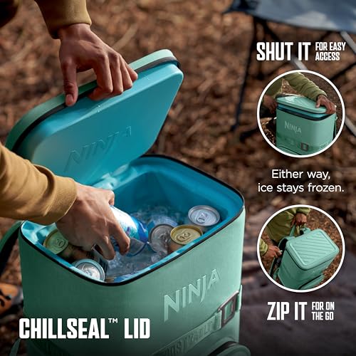 ninja  backpack cooler  frostvault go can soft cooler  leakproof zipper with built in can opener 2 ice packs amp dry storage drawer  for hiking camping amp more  2436 can
