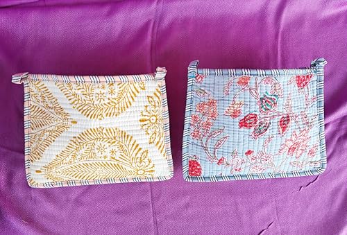Rastogi Handicrafts Floral Print Quilted Cosmetic Pouches 8X6 Inches Unique Mix Assorted Cotton Multicolor Design 2Pcs Make Up Organizer Currency Bag Storage Bags with Zipper Closure3