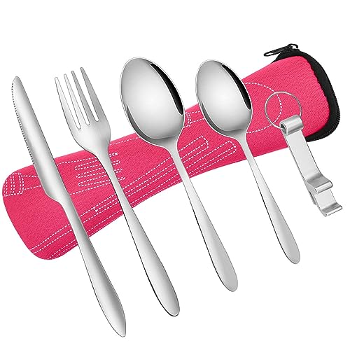 KBNIAN Bestecksets, 5 Stück Reisebesteck Camping Camping Picknick Besteck aus Edelstahl Besteck mit Messer, Gabeln, Löffel, Strohhalm und Etui Portable Besteckset für Outdoor Reise Picknick (Rose Rot)