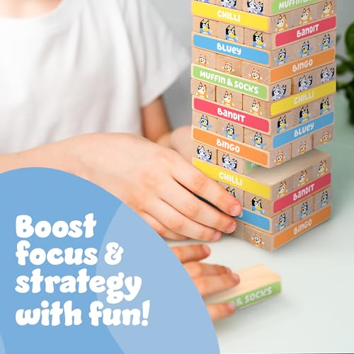 Image of Bluey Tumbling Tower Game, 54 Illustrated Wooden Blocks, Ages 3+