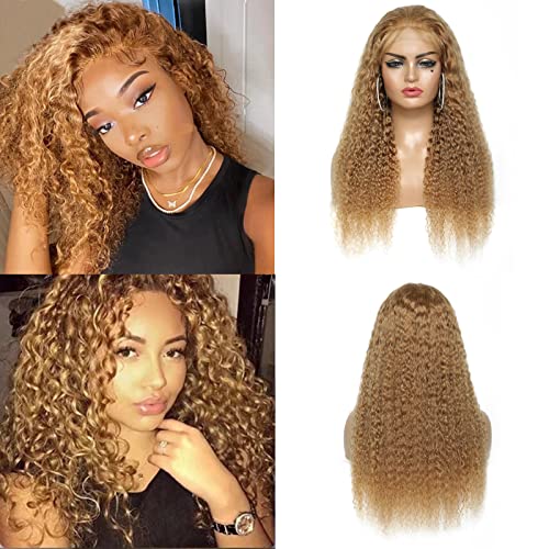 KAFEIER 27 Lace Closure Wig For Women Honey Blonde Curly Lace Front Wig Human Hair Pre Plucked Bleached Knots 4X4 Lace Front Wigs Human Hair 130% Density Unprocessed 9a Grade 16 Inch