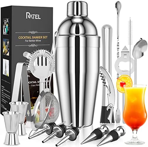 RATEL Cocktail Making Set, 17 Pieces Cocktail Shaker Set, Professional Cocktail Mixing Set, Cocktail Kit with 750ml Stainless Steel Shaker, Jigger, Strainer, Cocktail Book etc