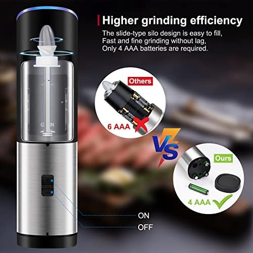 AONCO Gravity Electric Salt and Pepper Grinder, Adjustable Coarseness, One Handed Automatic Operation, 4 AAA Battery Powered Salt and Pepper Mill with Blue LED Light, Cleaning Brush, Wine Stopper