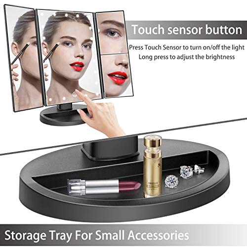deweisn Trifold Lighted Vanity Mirror with 21 LED Lights, Touch Screen and 3X/2X/1X Magnification, Two Power Supply Mode Make up Mirror,Travel Mirror