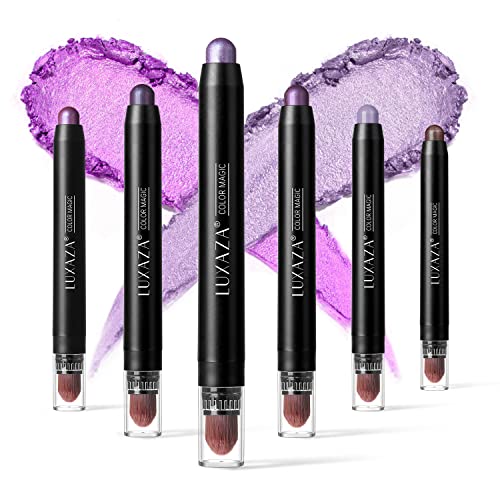 LUXAZA 6 PCS Purple Metallic Eyeshadow Stick Set, Light to Dark Cream Eye Shadow Pencil Crayon Brightener Highlighter Makeup Stick Kit, Hypoallergenic Waterproof Shimmer Eyeliner Make Up