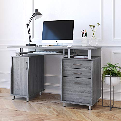 Techni Mobili Complete Workstation Table With Multiple Storage, Computer Desk With Mdf Panels And Pvc Laminate Veneer Surface, Grey #TOP4
