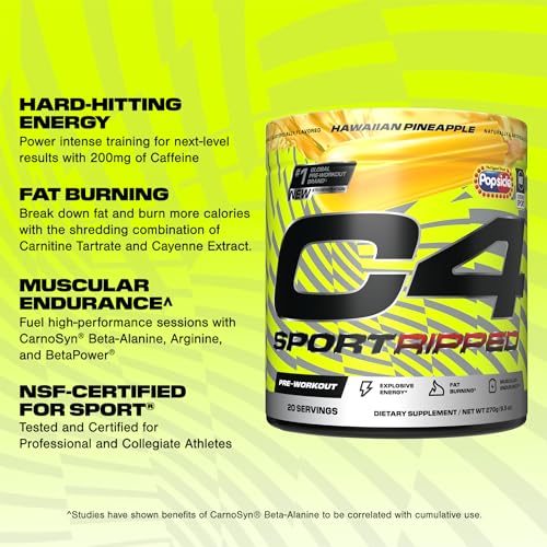 Image of C4 Ripped Sport Pre Workout Powder - NSF Certified for Sport - 200mg Caffeine + Cayenne Extract + Carnitine Tartrate + Beta-Alanine - Hawaiian Pineapple, 20 Servings