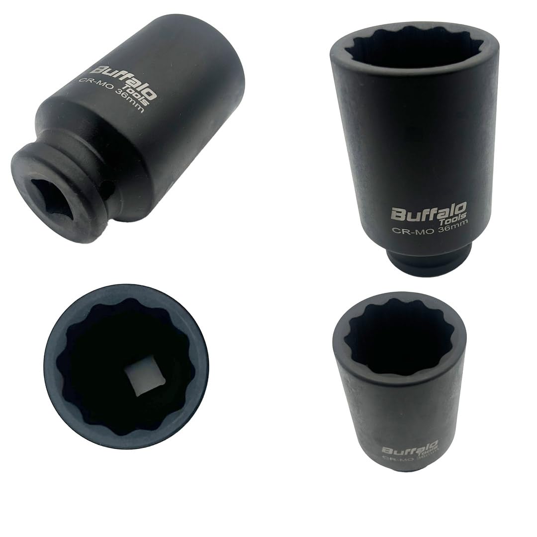 Buffalo Tools Black 36Mm 1/2 Inch Deep Impact Socket, Hub Nut, Flywheel 12 Point Bi-Hex Chrome-Molybdenum (Cr-Mo) Steel