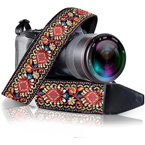 Art Tribute Camera Strap - Shoulder, Crossbody & Neck Camera Strap for Photographers, Fits All Cameras, Canon Nikon Sony Fujifilm, Padded Strap W/Quick Release, Embroidered Cotton & Leather Ends, Red