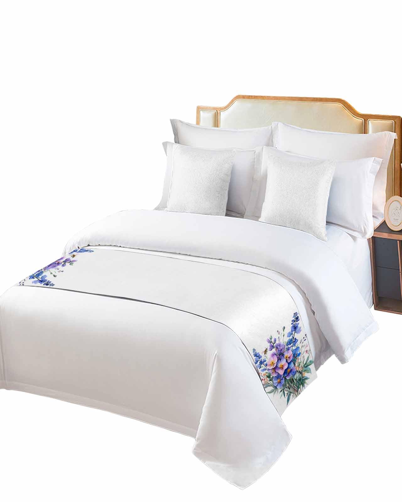 Blue Purple Floral Bed Runner for King Size, Spring Flowers Leaves Bedspread Protector Slipcover Bed Scarf for Foot Runners & Scarves for Bedroom Hotel Wedding Room 102x20 Inches