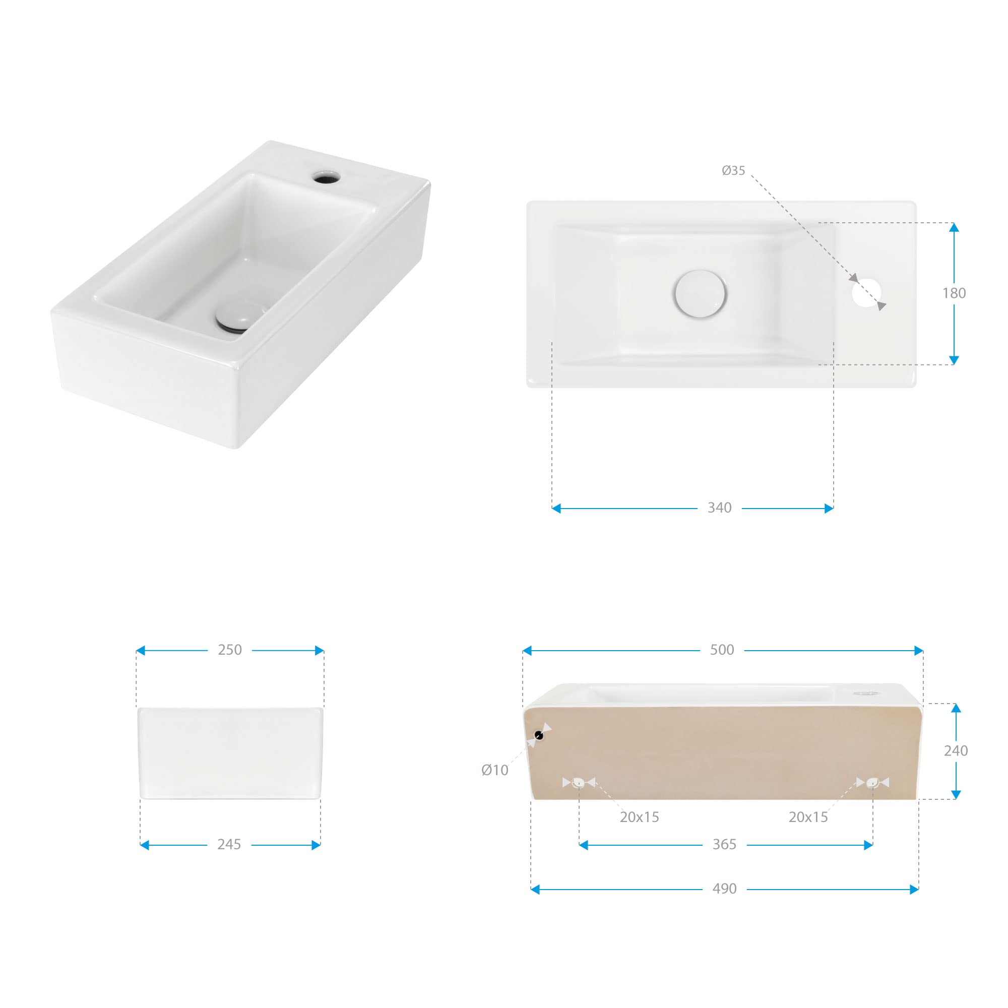 Lavabo sobre Encimera Rectangular en Ceramica Brillante VOMANO | 25x50x24 cm | Incluye Tapon "Pop Up" con Valvula de Desague Click Clack | Sin Taladro Grifo | Color Blanco