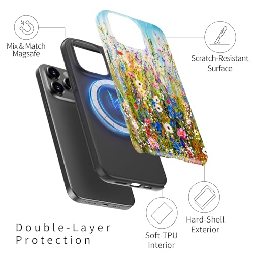 Image of Goodon for iPhone 13 Pro Max Case Cute - Wireless Charging Compatible - Dual-Layer Hard Shell + Silicone Cover - Protective Phone Case with Trendy Designs for Women - Wildflowers Painting