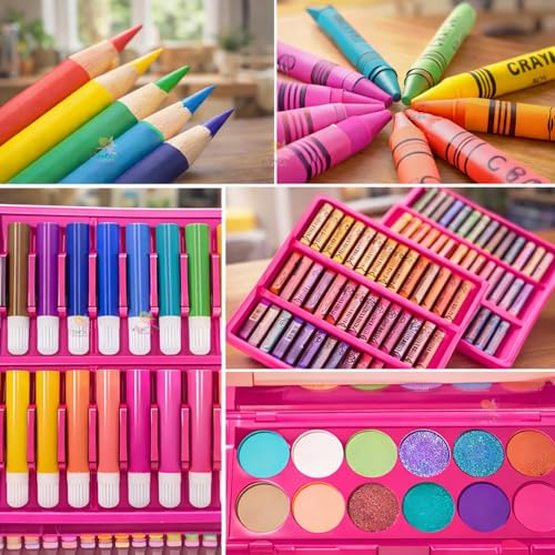 Image of WISHKEY 208 Pieces Art Set for Kids with Storage Case, All in One Art and Craft Supplies Kit for Drawing and Painting with Marker, Watercolor, Pens, Crayons, Color Pencils (Pack of 1, Pink)
