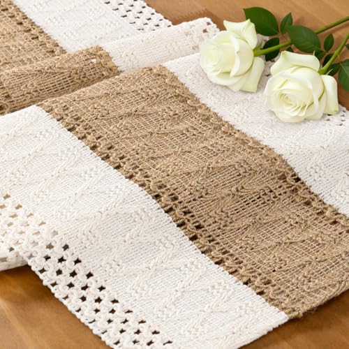 Image of MLMC Ivory & Burlap Boho Table Runner Farmhouse Cotton Burlap Woven Table Runner 48 inch Long Rustic Seasonal Table Decor for Dinning Kitchen Wedding Bridal Shower Eveyrday Use 12x48 Inch