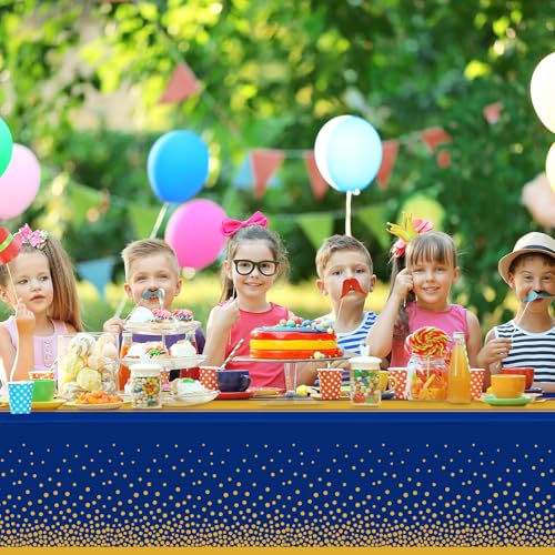 Image of 6 Pack Blue and Gold Tablecloth Party Decorations Plastic Blue Tablecloth Printed Gold Table Runner 54 x108 Inch Disposable Rectangle Table Cover for Birthday Wedding Graduation