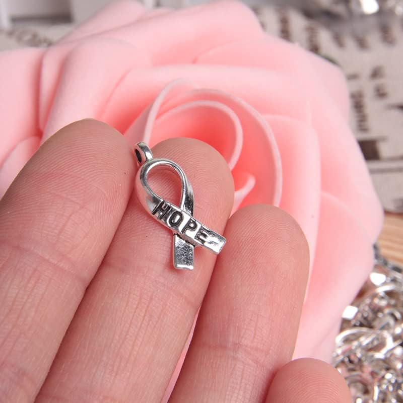 Wixine 200Pcs Hope Breast Cancer Ribbon Awareness Charms Hope Ribbon Pendants Antiqued Silver Tone 7 x 15 mm Making DIY Handmade Accessories Craft - Image 4