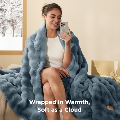 Bedsure GentleSoft Fluffy Faux Fur Blanket Twin Size, Fuzzy Soft Bubble Blanket for Couch, Home Decor Gifts for Bedroom Living Room, Thick Furry Cozy Gifts for Women, Greyish Blue, 60x80 Inch