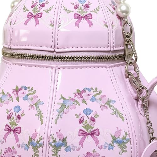 Women PU Leather Floral Handbag Crossbody Shoulder Bag Pearl Chain Valentine Purse for Girls with teapot Ornament Pink - image 4