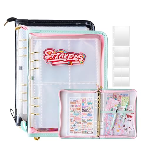 2pcs Sticker Collection Organizer Binder large capacity (65 sheet), PU leather clear sticker storage book album with zipper closure,double-sided Collecting for journal scrapbook planner (Black+Green)