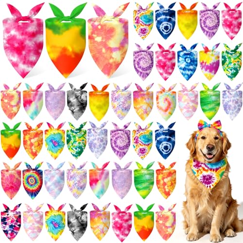 Image of Abbylike 50 Pcs Tie Dye Dog Bandanas Bulk, Rainbow Hippie Style