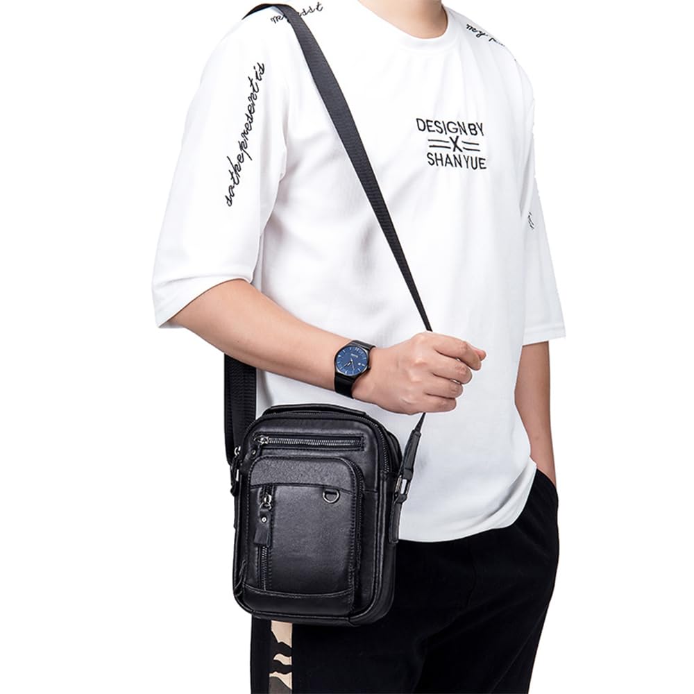 pundarika Bolso de hombro pequeño de cuero genuino para hombre, bolsas de hombre para hombre, bolso cruzado, bolsa de mensajero, correa de hombro ajustable.