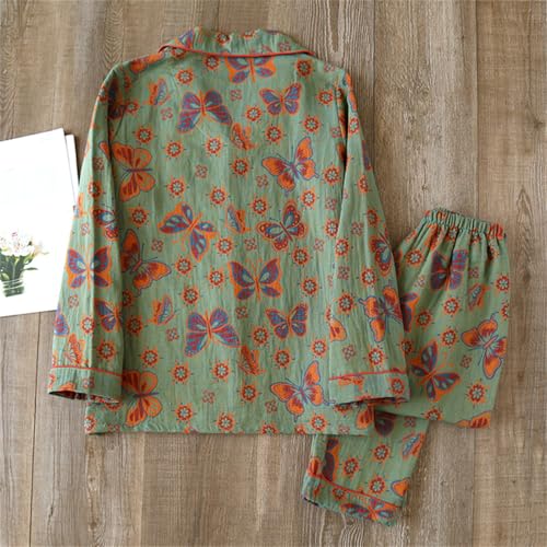 Ginkgo Leaf Neckline Button Colorful Floral Pure Pajama,Vintage Lapel Cotton Loungewear Set,Cozy Print Sleepwear Two Piece3