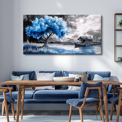 PHAOHUAXM Wall Art For Living Room Large Wall Decor For Bedroom Black White And Blue Trees Wall Pictures Artwork Restaurant Office Frame Printing Canvas Artwork Modern Home Decor Aesthetic 24x48 in